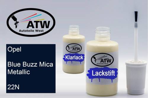 Opel, Blue Buzz Mica Metallic, 22N: 20ml Lackstift + 20ml Klarlack - Set, von ATW Autoteile West.